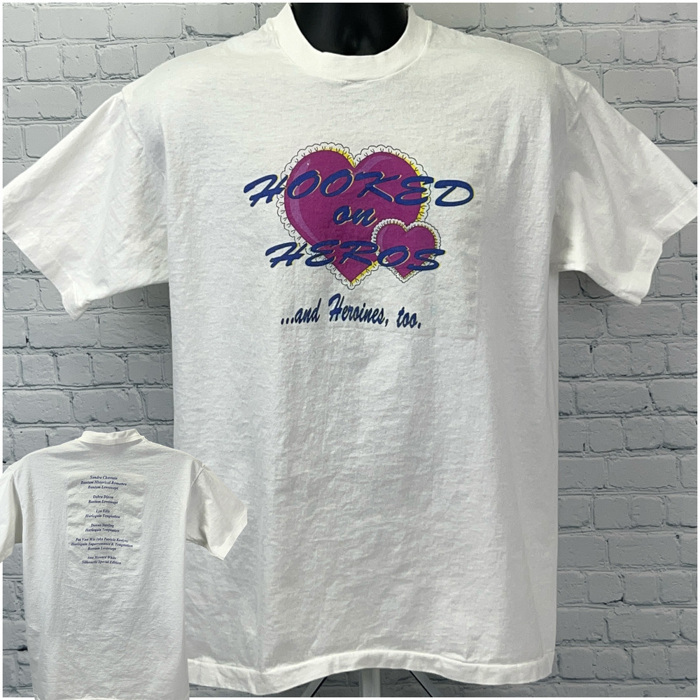 Vintage 90s Heros and Heroines Books T Shirt Bantam Loveswept USA White L Large